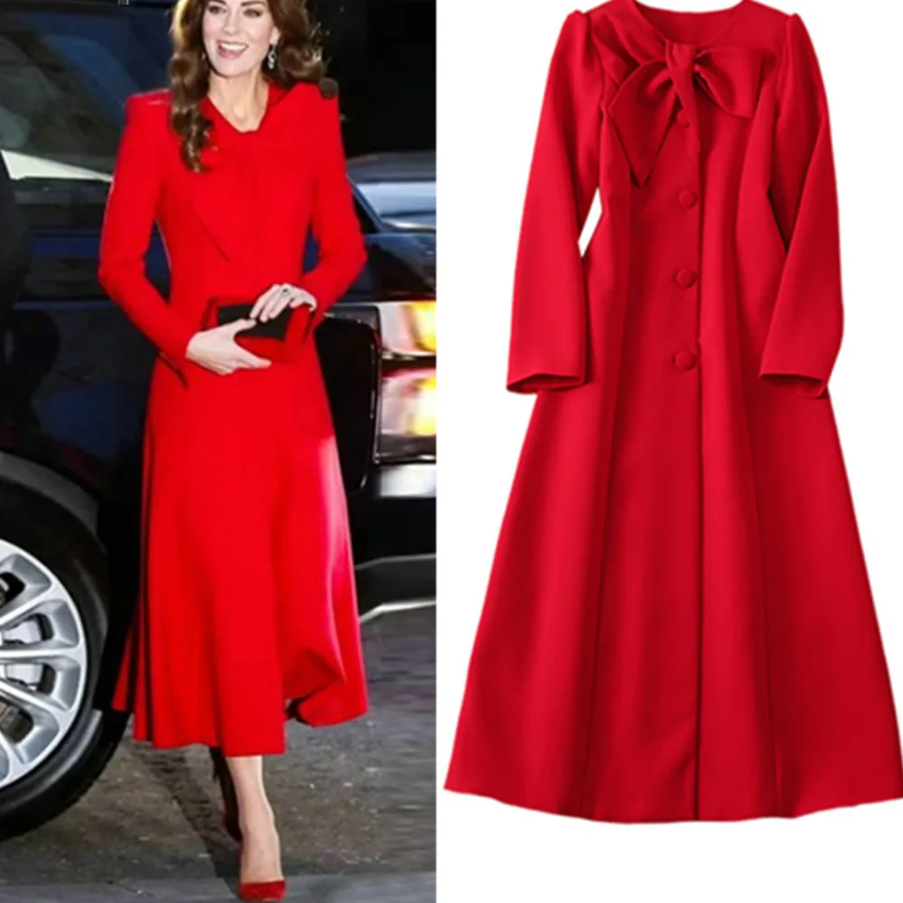 Kate Middleton Elegant Dresses Women Luxury Bow Designer Evening Coat Dress Long Sleeve Fall Autumn Winter Ladies Clothes Female