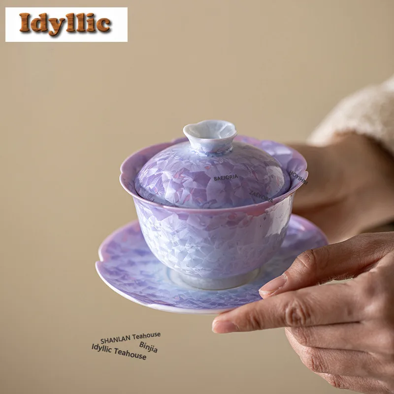 140ml Kristallglasur Farbverlauf Lila Gaiwan Ästhetische Teeschale mit Deckel Set Teezubereitung Abdeckschale Tischdekoration