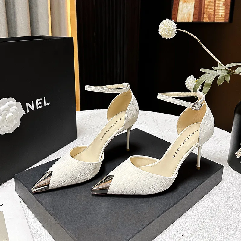 

2026 Summer Metal Pointed Toe High Heels for Women Sexy Stiletto Heels Ankle Strap Sandals Women Shallow Mouth Party Heels Shoes