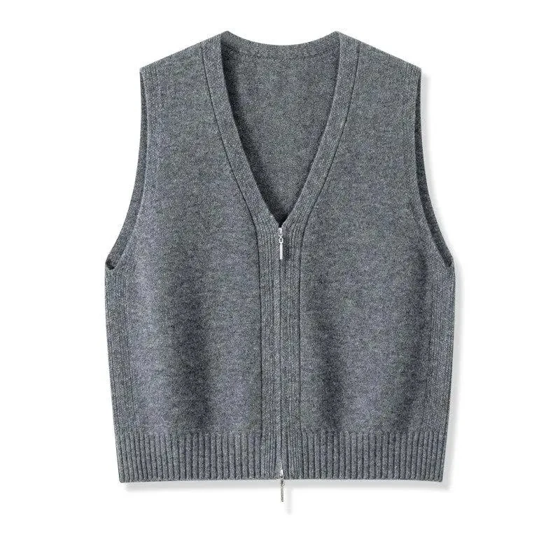 

Women Knitwear Autumn Double Zipper V-neck Vest Chic Simple Sleeveless Sweater Vest Coat 2026 New Female Cardigan Waistcoat