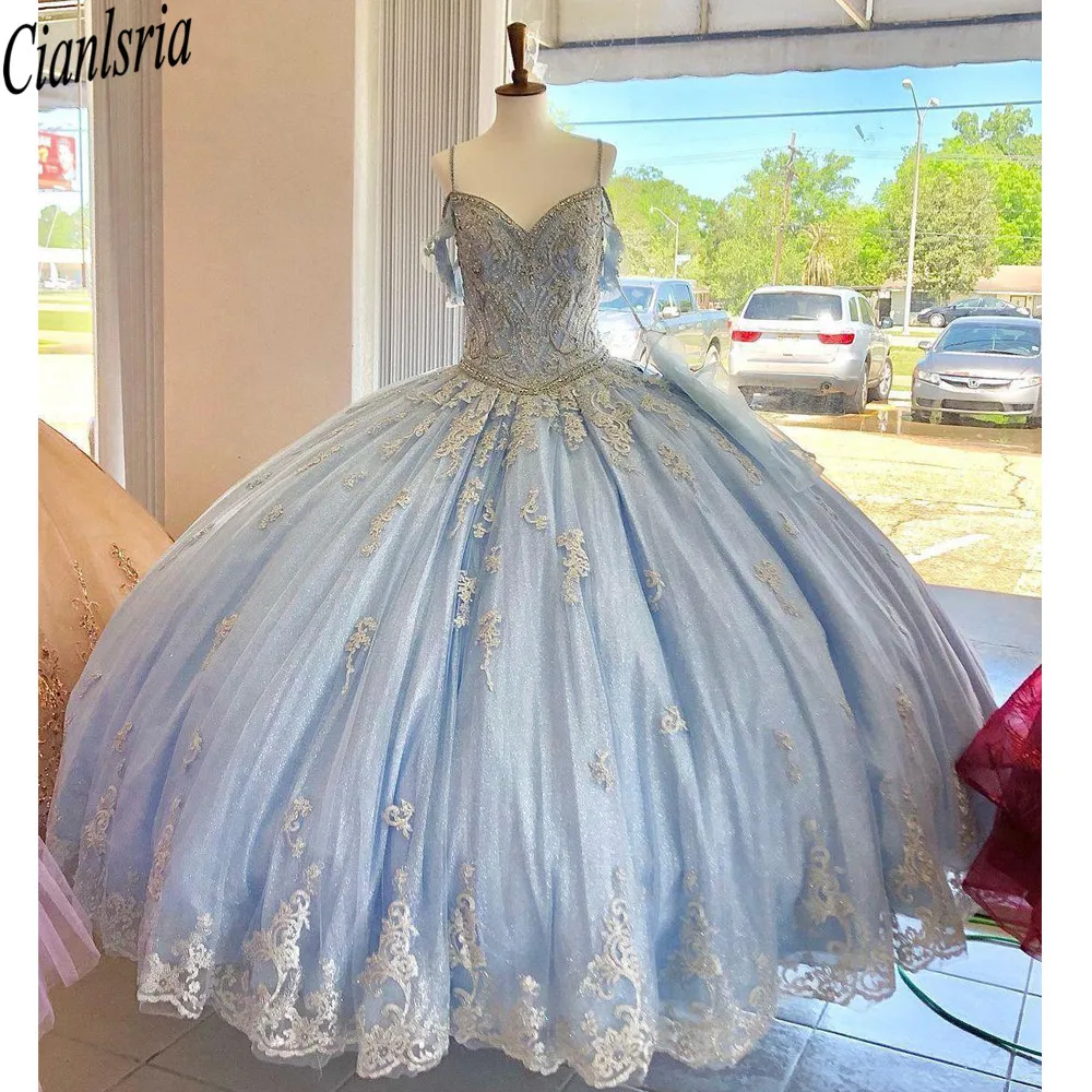 Vestido de fiesta de quinceañera, elegante, azul claro, bohemio, con hombros descubiertos, tul brillante, diamantes de imitación, cristal, Formal, para noche, 2022