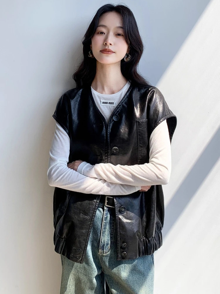 سترة دون أكمام من الجلد الطبيعي غير رسمية سترات نسائية لربيع وخريف 2025 معطف جديد عالي الجودة بسيط فضفاض ناعم أسود من جلد الغنم الحقيقي #1