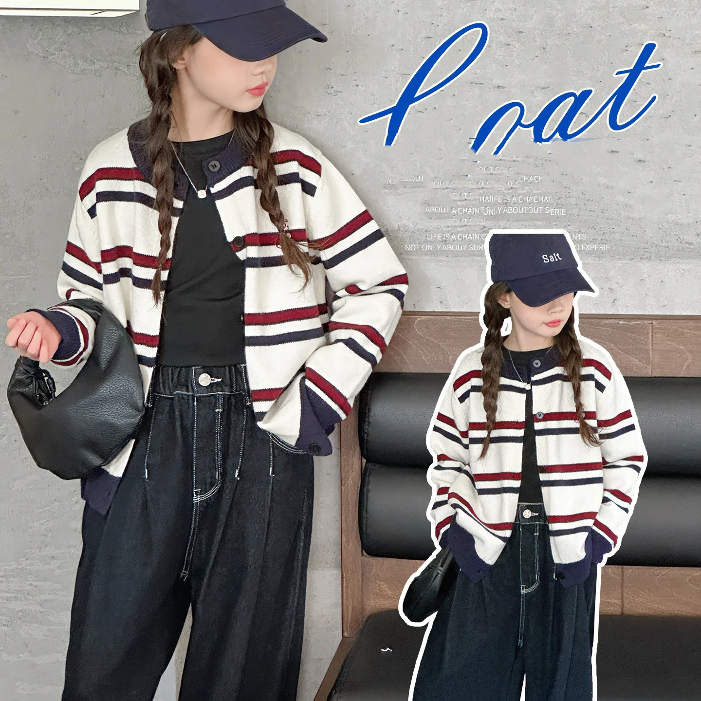 

Kid Sweater Ages 4-14Y Baby Girl Casual Fashion Spring&Autumn Striped Cardigan Tween Vintage Outfit Child Korean Style Knitted