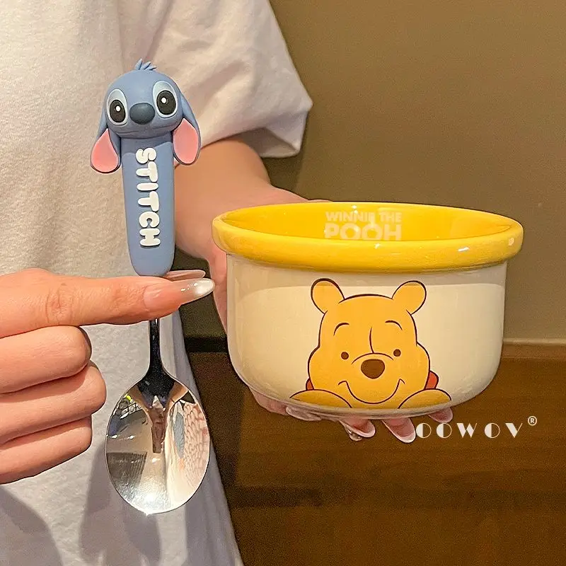Mangkuk Nasi Keramik Seri Stitch Baru Disney Mangkuk Sup Rumah Tangga dengan Sendok Peralatan Makan Dapur Mangkuk Makanan Pendamping Anak-anak