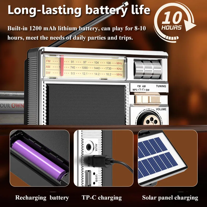 راديو DSP ريترو محمول كلاسيكي عتيق شحن بالطاقة الشمسية FM AM SW راديو قابل لإعادة الشحن Bluetooth5.4 مكبر صوت يدعم بطاقة TF USB AUX