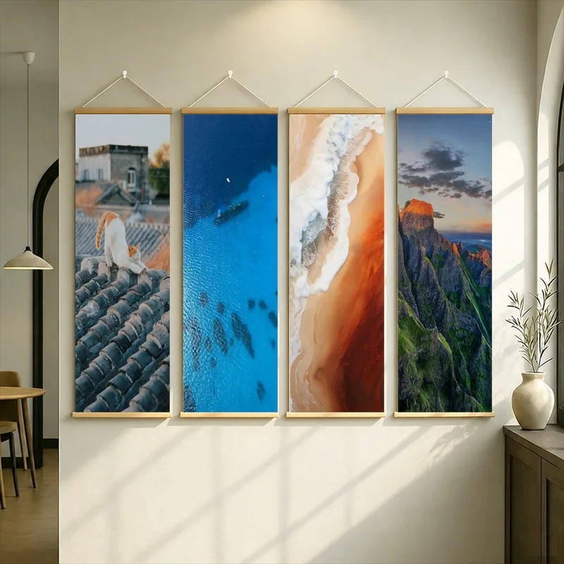 Hanging Scroll Wall Art Silver Shimmer Canvas with Coastal Village, Blue Sea, Sandy Beach and Mountain Views for Living Room