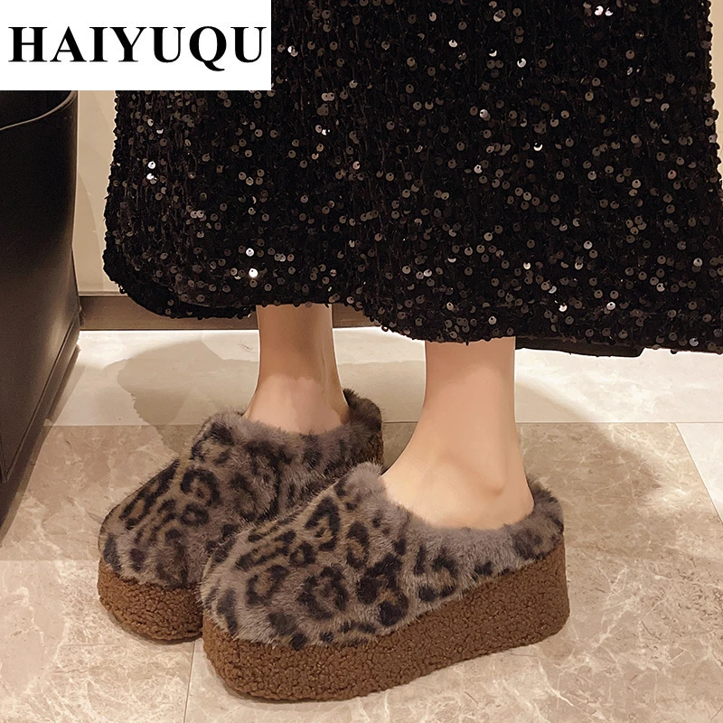 Leopard Women Platform High Heels Cotton Slippers Fur Mules Shoes Winter 2025 New Casual Flip Flops Slingback Home Mujer Zapatos