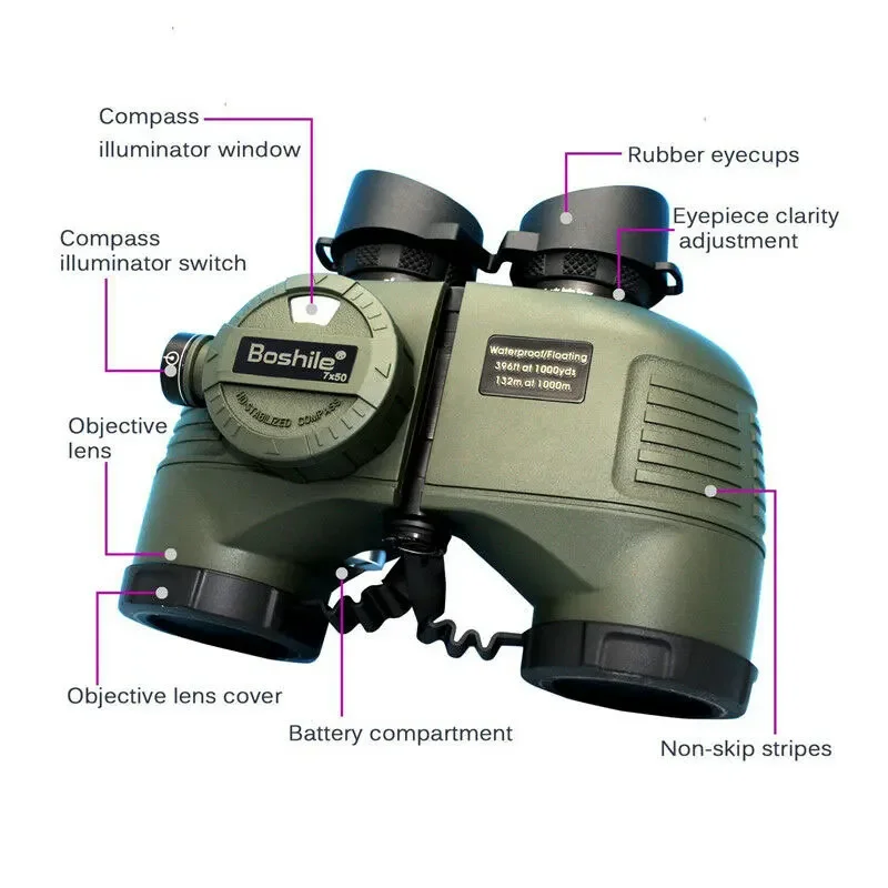 Imagem -06 - Binóculos Impermeáveis com Bússola Iluminada Binóculos hd Telescópio Binocular Telêmetro 7x50