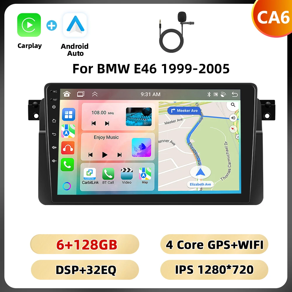 Podofo Carplay Android Auto Radio Voor Bmw E46 1999-2005 Multimedia Speler 8 128G 4G Wifi Ai Voice Spiegel Link Rds Autoradio