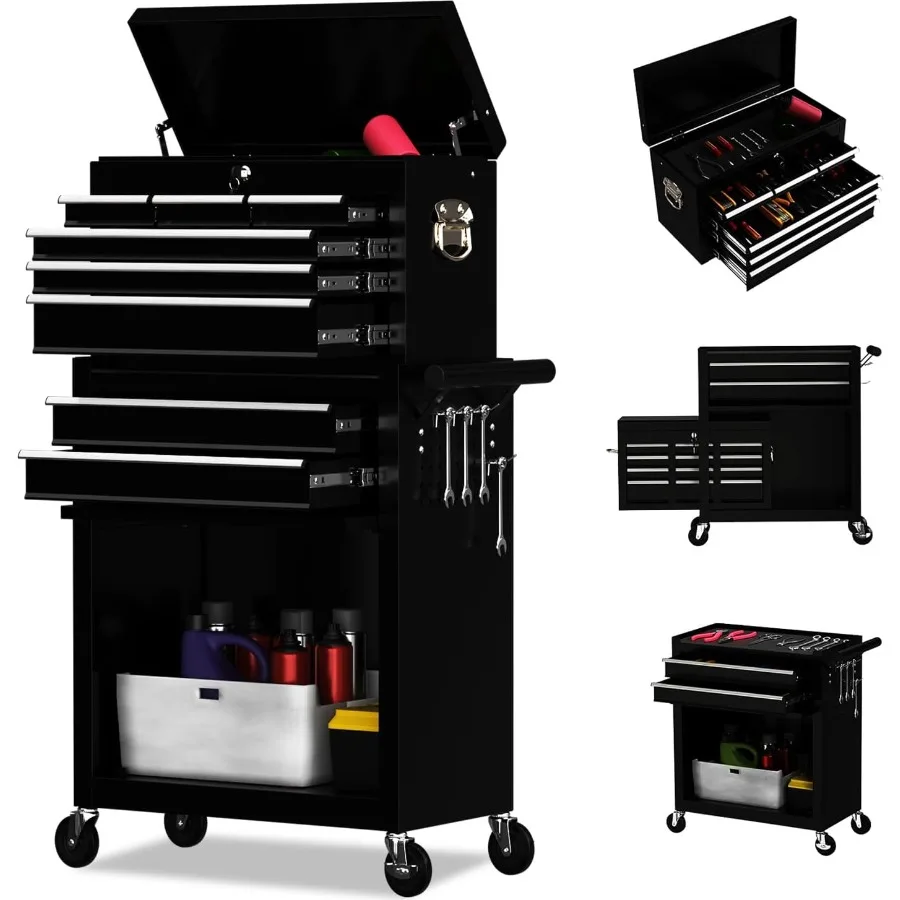 8 Drawer Rolling Tool Chest, High Capacity Tool Box with Lockable Wheels and Drawers, 2 in 1 Portable Toolbox Organizer Storage