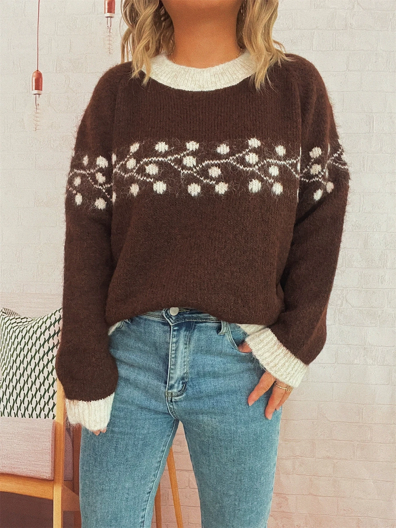 Autumn and winter new round dot branch jacquard knitted sweater commuting casual sweater pullover for women tops