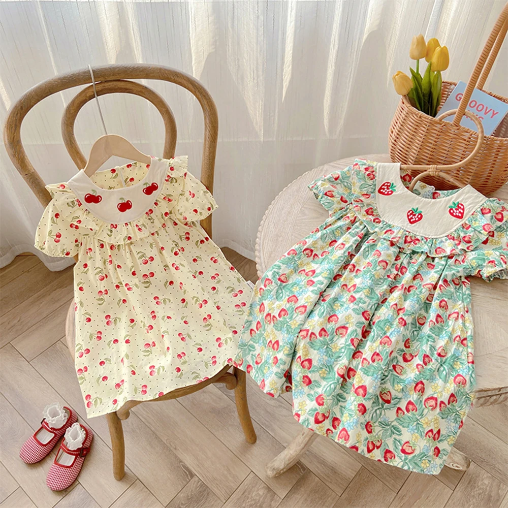 Girls Strawberry Embroidery Dresses New Summer Short Sleeves Cherry Print Princess Dress for Kids Casual Clothing 2-7 Years