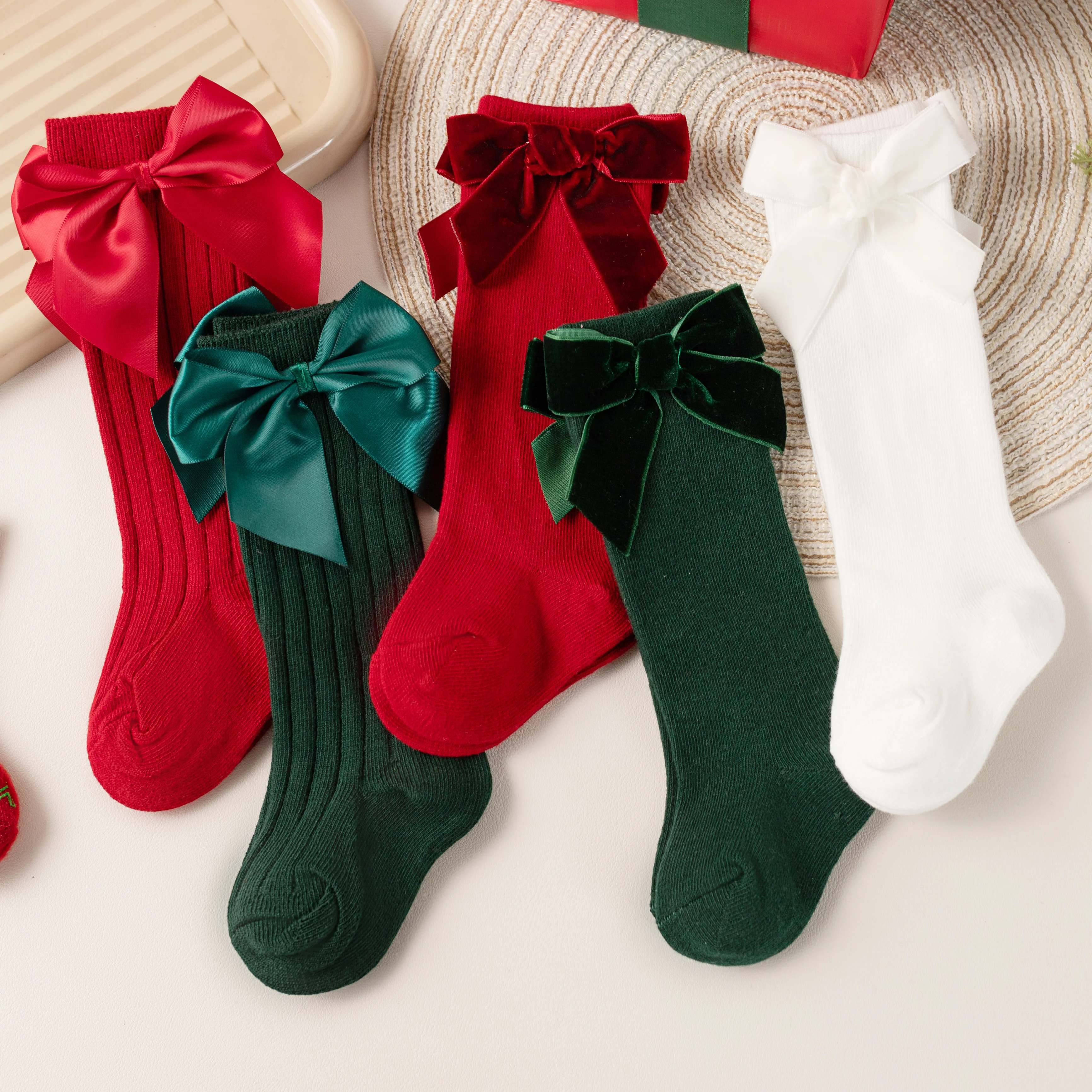 2Pairs/Lot Baby Kids Christmas Knee High Socks Girls Cute Big Bow Cotton Stripes Soft Warm Toddler Leg Warmers New Year Gift