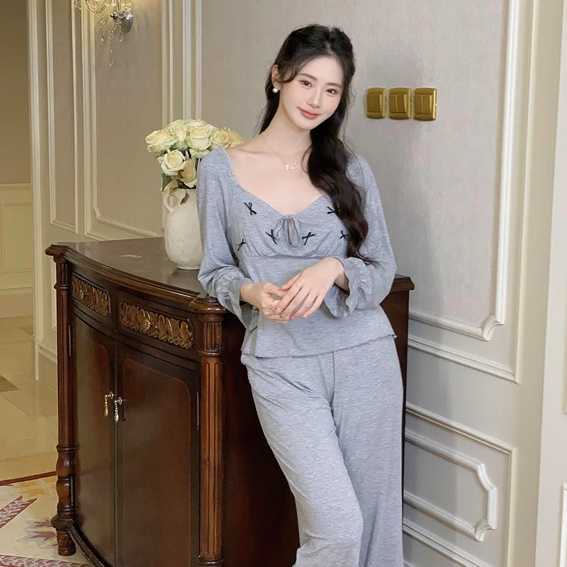 French pajamas women's fall models cotton long-sleeved long pants sexy pure desire wind with cushion two-piece home clothing