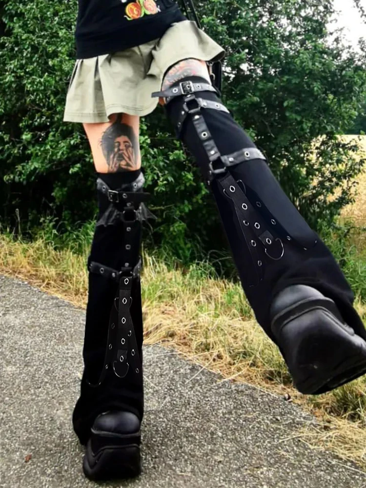 SUCHCUTE Gothic Eyelet Strap Women Trouser Legs Vintage Dark Academic Slim Bandage Leg Socks Black Knitted Boot Cuffs Leg Punk