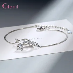 New Pure 925 Sterling Silver Clear Austrian Crystal Paved 2 Loops Charm Bracelet for Women Adjustable Bangle Fine Jewelry