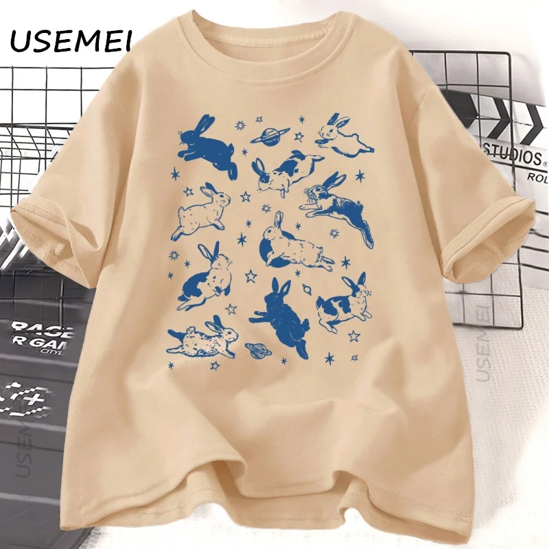 Bunnies in Space T Shirt Funny Bunny Tshirt Oversized Graphic Retro Tshirt Men Women Sportswear Tops Tees Short Sleeve Clothes