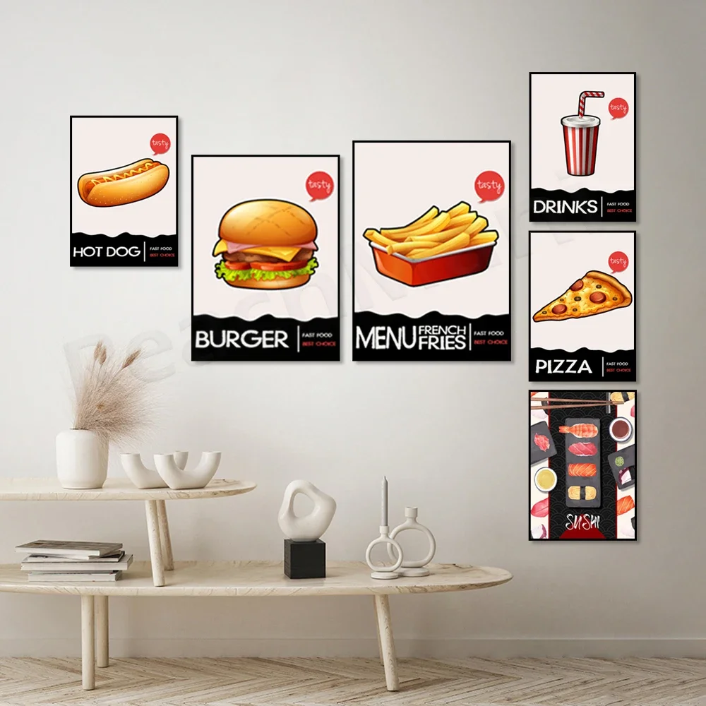 البطاطس المقلية والبرجر والبيتزا - ملصقات قماشية محبة للطعام مناسبة للمطابخ والمطاعم والديكور المنزلي.