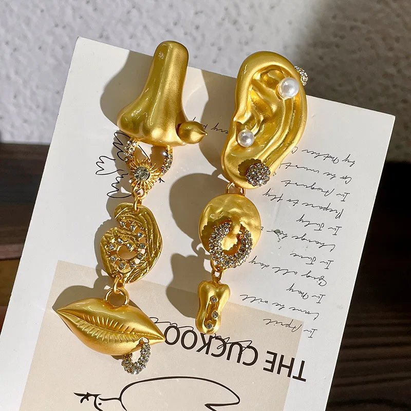 NISHIZAWA أقراط غير متناظرة للنساء وجه الإنسان لون ذهبي Hyperbole Pendientes Mujer القرون الوسطى موضة ريترو مجوهرات #5