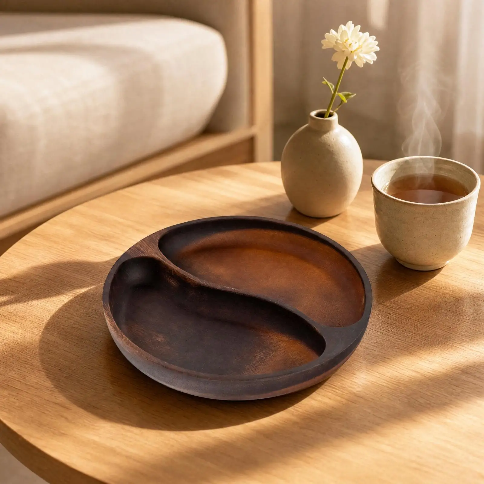 Round Wood Bite Serving Dish with Sections for Fruits and Snacks Acacia Home Table Decor