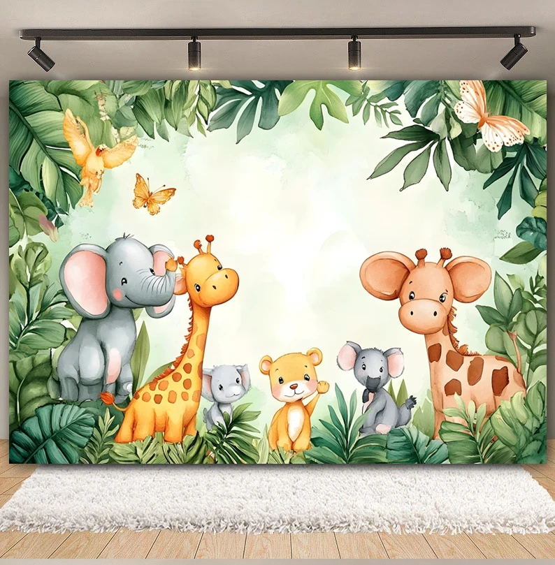 Tropical Jungle Forest Animal Photography Backdrop Lion Giraffe Green Leaves Baby Birthday Party Decoration Photozone Background image 3