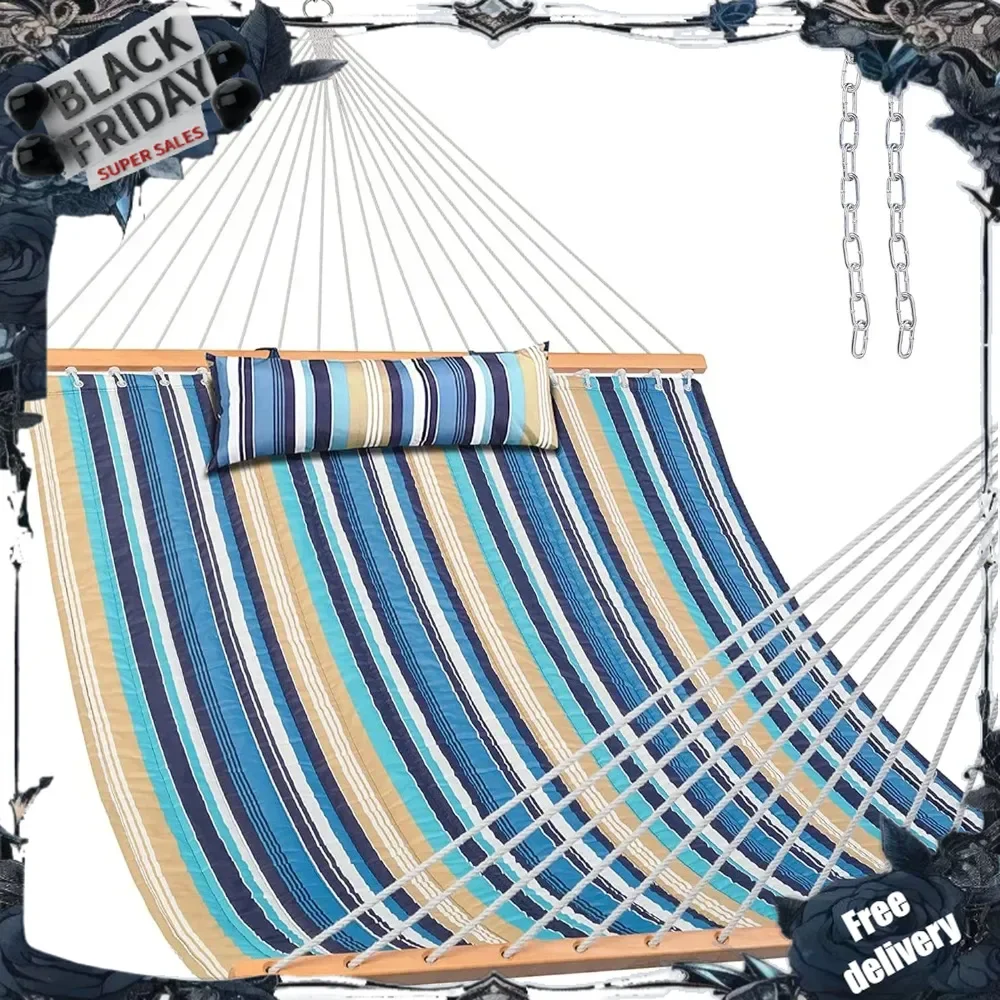 

12 FT Quilted Fabric Double Hammock with Spreader Bars and Detachable Pillow, 2 Person Hammock for Outdoor Patio Backyard