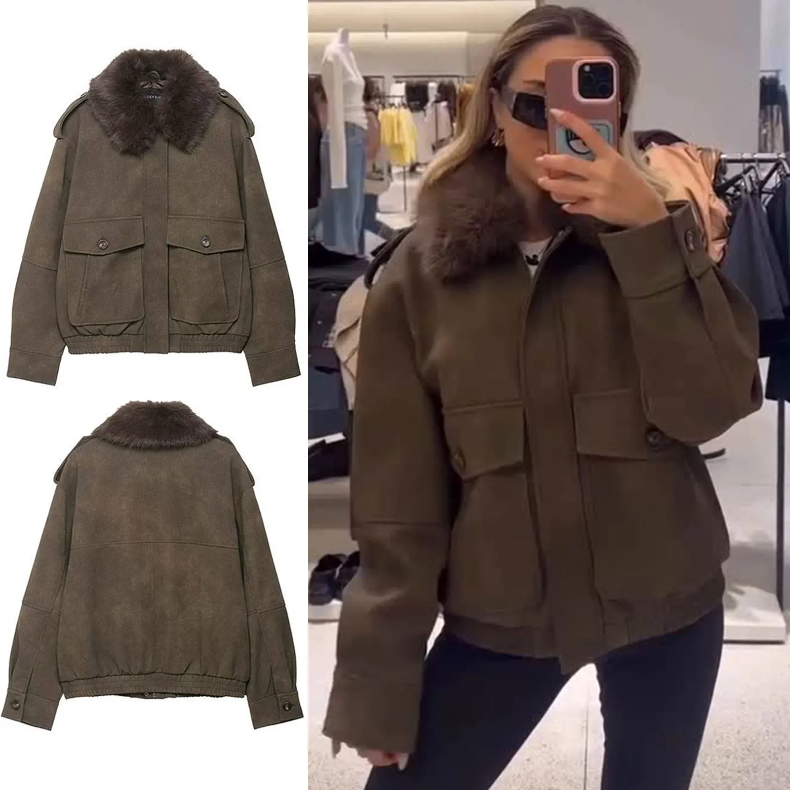 

HH 2025 Female Fall Fashion Suede Jackets Detachable Collar Long Sleeves Lapel With Pockets Zipper Winter Fashion Casual Coats