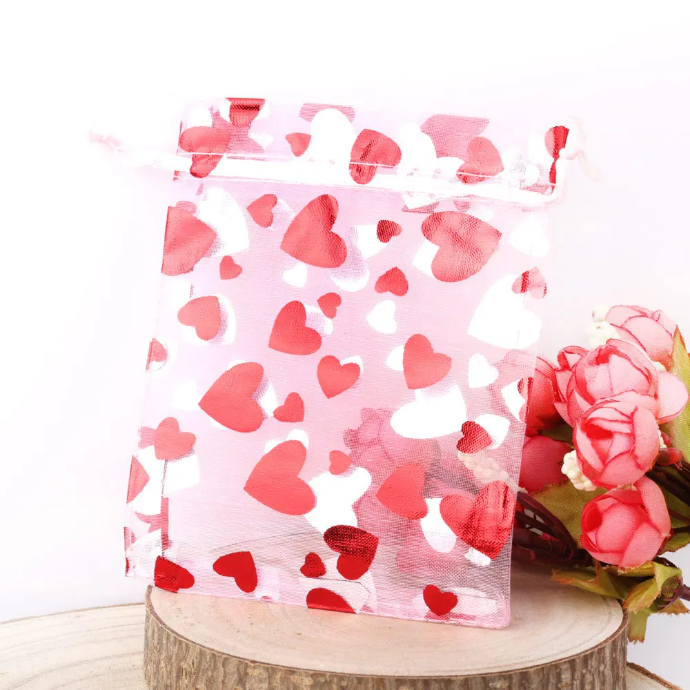 25 pz/lotto sacchetto regalo in Organza stampa rossa calda sacchetti con coulisse a cuore d'amore per matrimonio sacchetto regalo di san valentino imballaggio di caramelle per feste