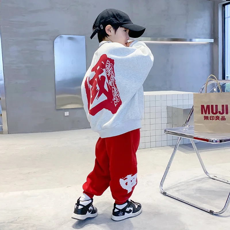 Spring Young Kid Boy Top+pant 2PCS Outfit Cotton Red Graphic Pullovers Loose Fit Track Pants Casual Street Junior Boy Tracksuits