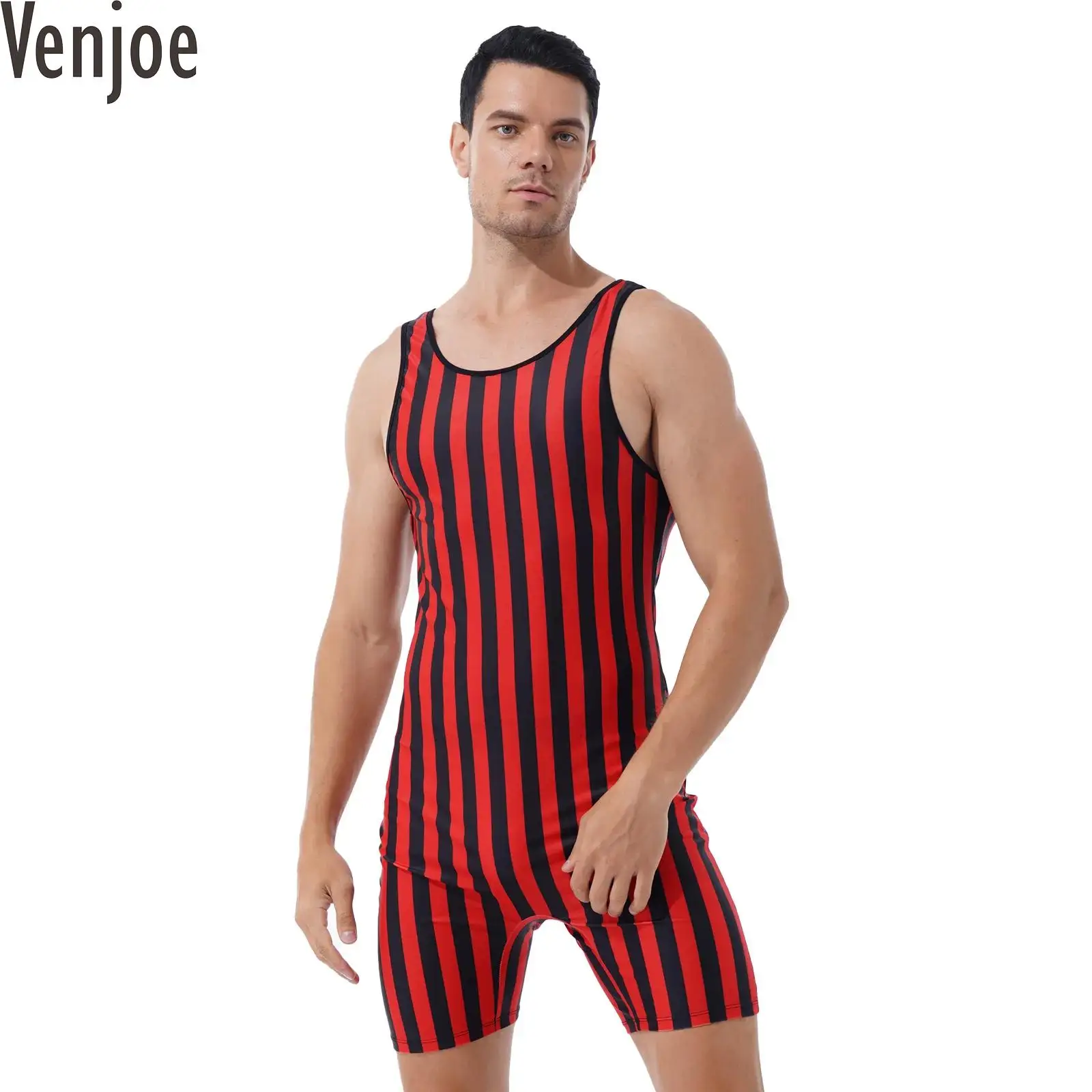 

Men Striped Wrestling Singlet Bodysuit Weight Lifting Unitard Stretch Leotard Workout Fitness Outfit Athletic Jumpsuit Swimwear