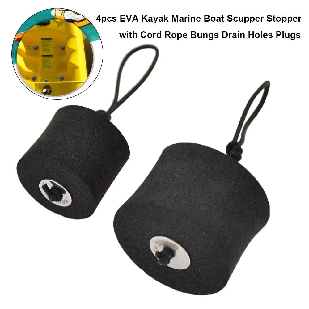 4pcs High Quality EVA Kayak Marine Boat Scupper Stopper with Cord Rope Bungs 2 Sizes Drain Holes Plugs Black Kayak Accessory