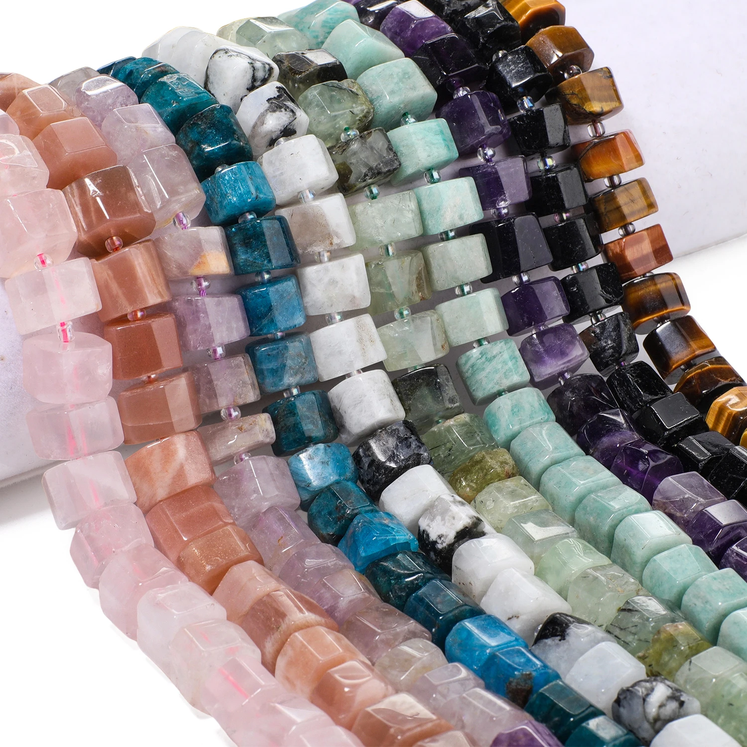 9-13mm Cylindrical Shape Natural Stone Beads Faceted Amethyst Rose Quartz Apatite Prehnite Jade Agate Beads for DIY Bracelet