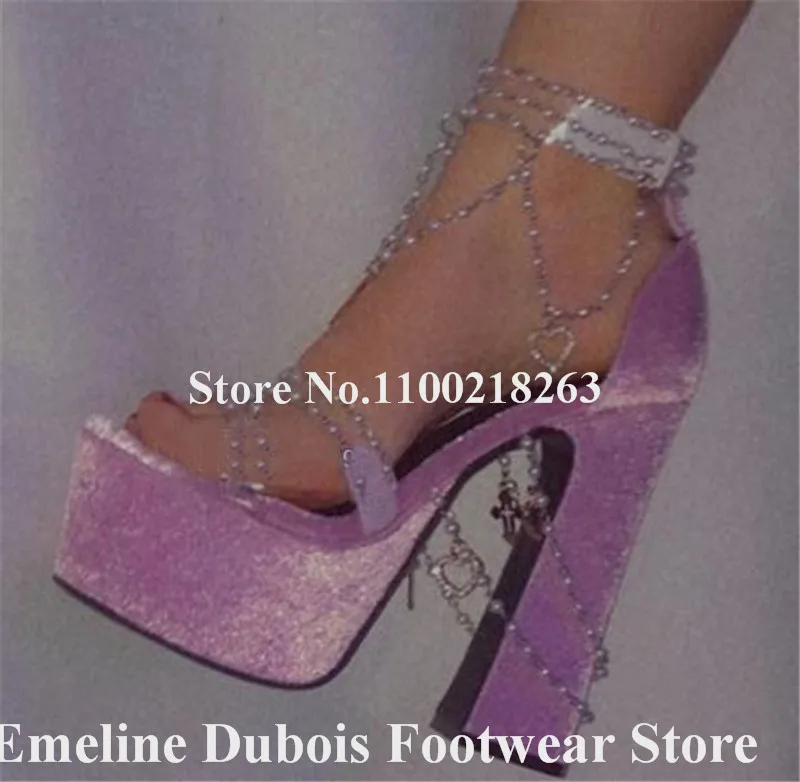 Velvet Pearls Chains Chunky Heel Sandals Emeline Dubois Charming White Blue Pink Silver High Platform Diamonds Decorated Heels