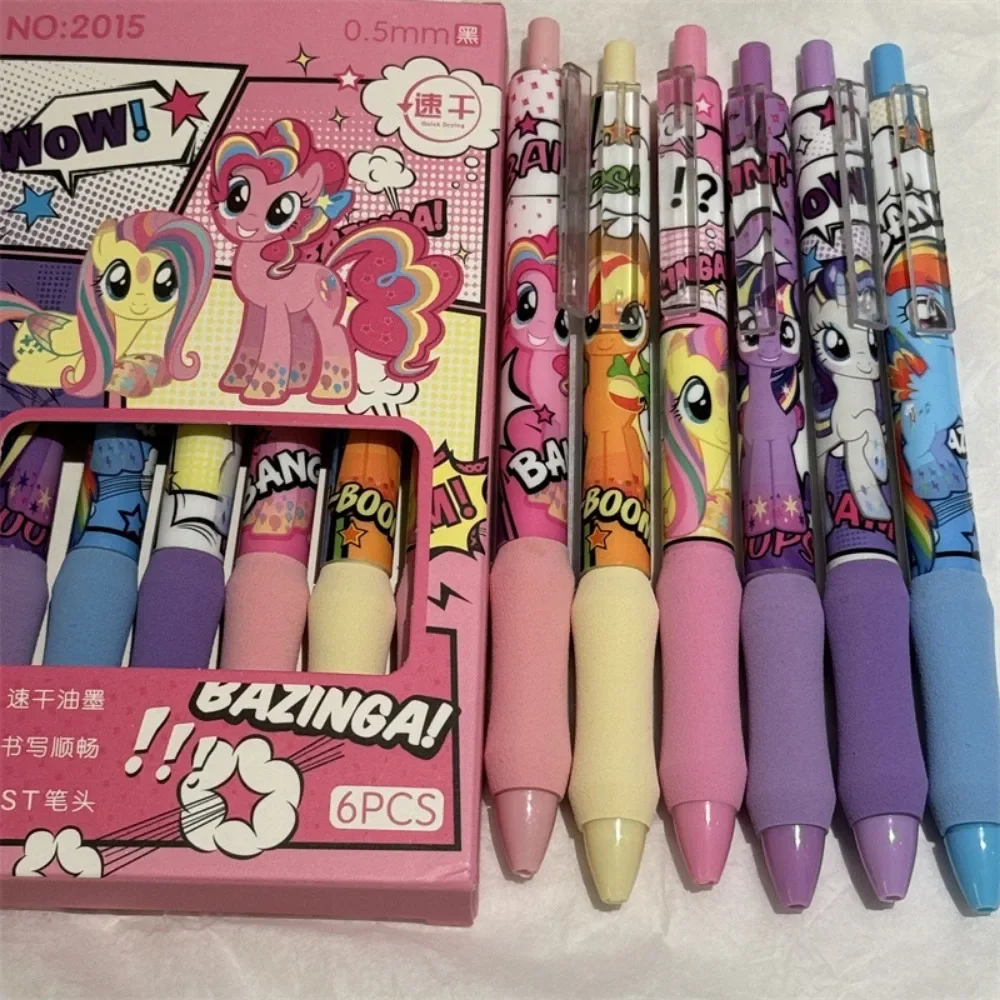 6pcs Kawaii Anime Peripheral My Little Pony Cartoon Black ST Quick-dry Gel Pen Diary Marker Pen Pupil Stationery Festivals Gift