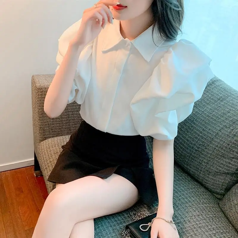 Fashion Lapel Solid Color Folds Puff Sleeve Shirts Women's Clothing 2024 Summer New Loose Korean Tops Sweet Short Sleeve Blouses