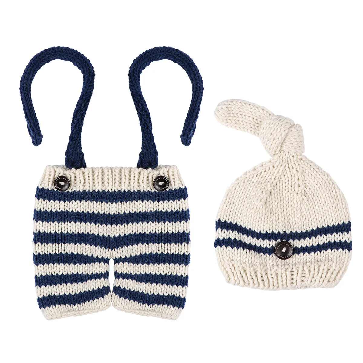 Newborn Baby Photo Outfit Set Hand-Knitted Beige Hat Navy Blue Pants Comfortable Stretchy Skin-Friendly Costume for Photography