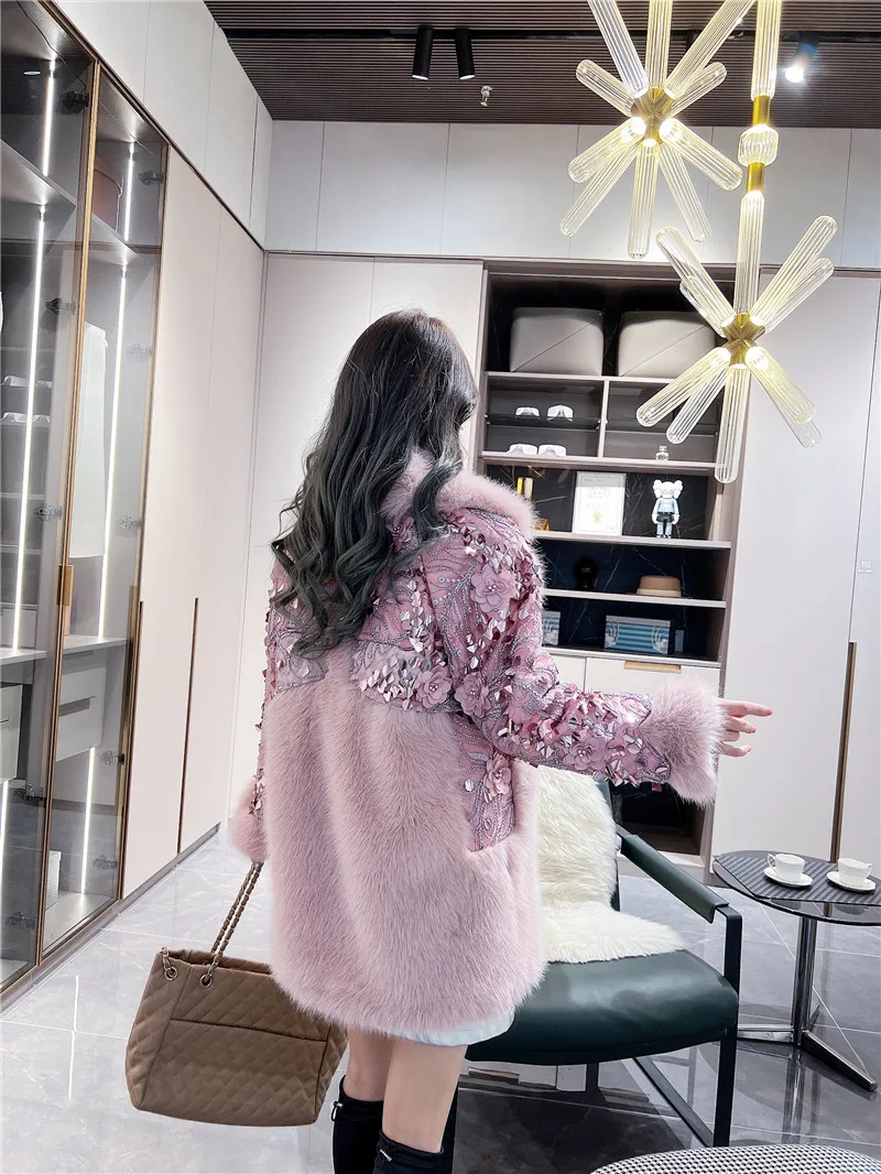 Elegant Lady Fur Integrated Mid-Length Fashion Versatile Mink Fur Slim Jacket 2024 Winter Clothes Women's Faux Fur Coat