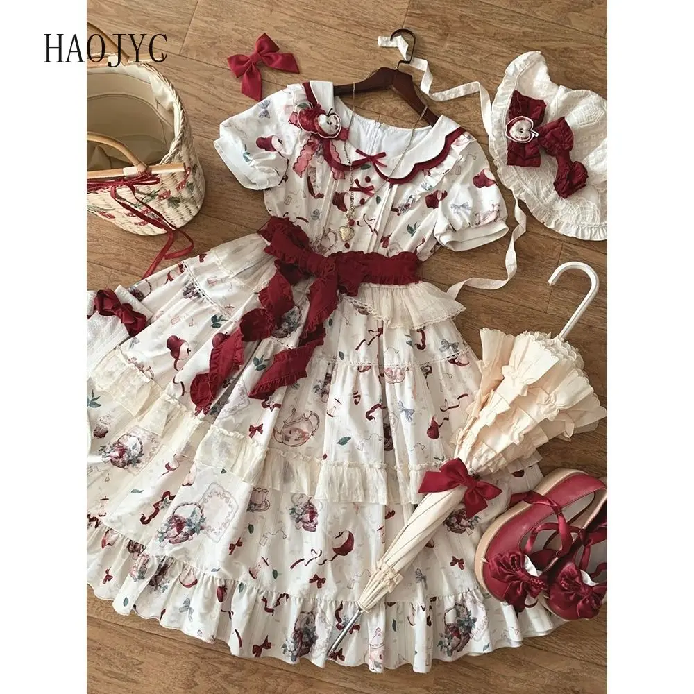 

Japanese cute girl style apple print doll collar dress women's summer waist strap Lolita fluffy princess dress