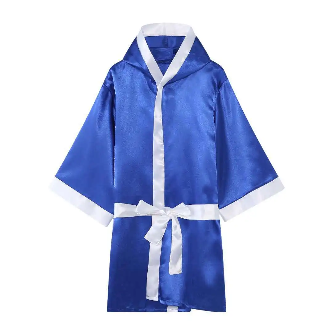 Boxing MMA Robes with Hood Full Length Satin Walkout Robe Men Women Adult Martial Arts Kickboxing Gown Red Blue Black Polyester