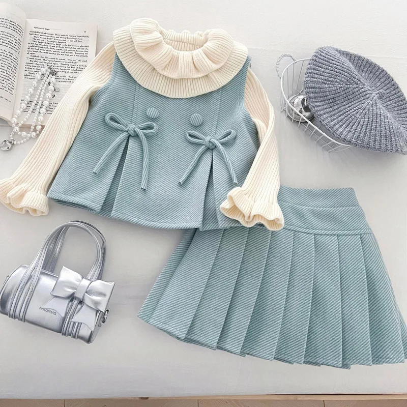 Winter New Girls' Fleece-Lined Vest and Short Skirt Two-Piece Set Baby Angora Woolen Set