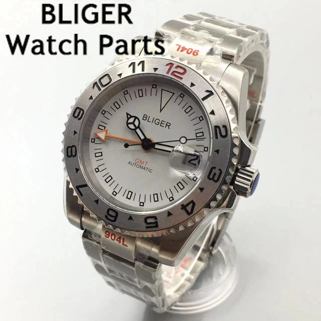 BLIGER 40mm NH34 GMT Automatic Mechanical Wristwatch Men Watch 3804 Movement White Black Dial Sapphire Stainless Steel 3 o'clock