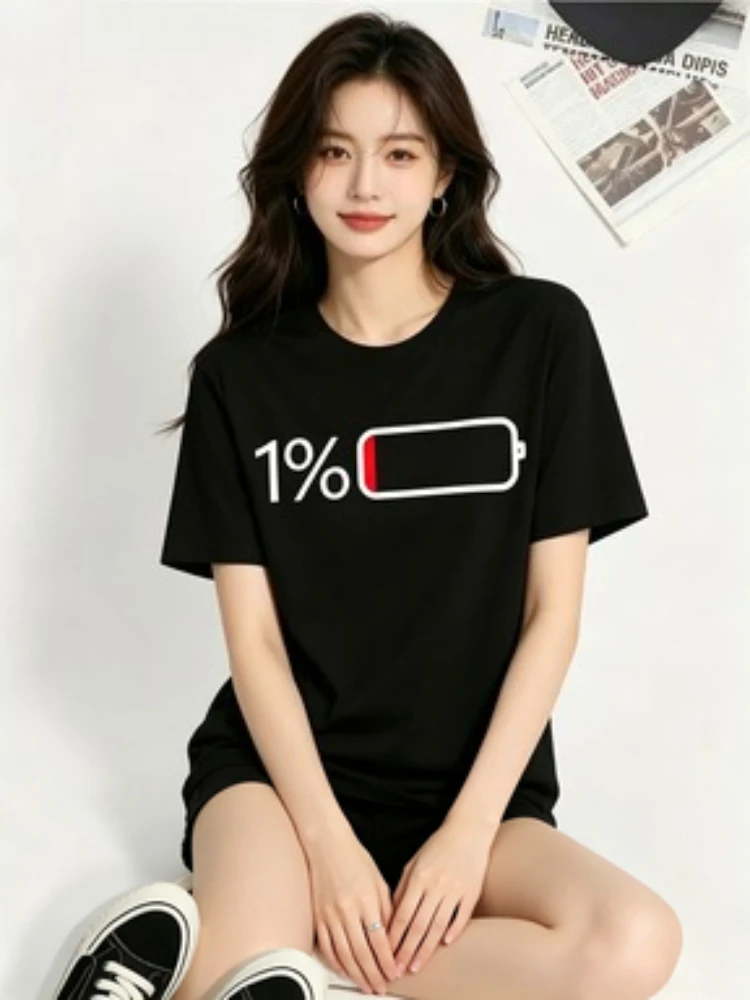 Battery Low Print Tee Shirt for Women Casual Short Sleeve Tshirt for Summer Spring Fall Funny Graphic Tops Streetwear