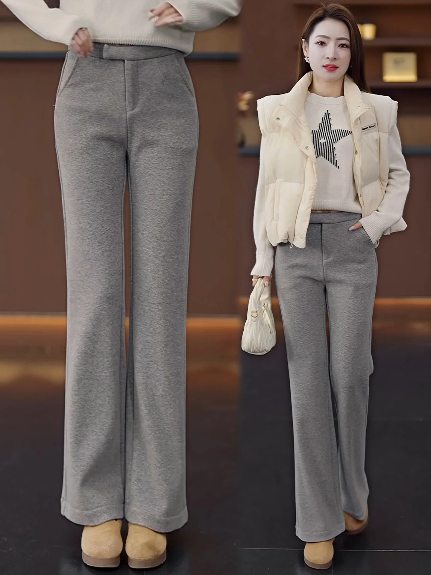 

Серые шерстяные расклешенные брюки женские осенне-зимние новые с высокой талией, драпированные, на флисе, прямые, расклешенные книзу, повседневные, однотонные, на молнии