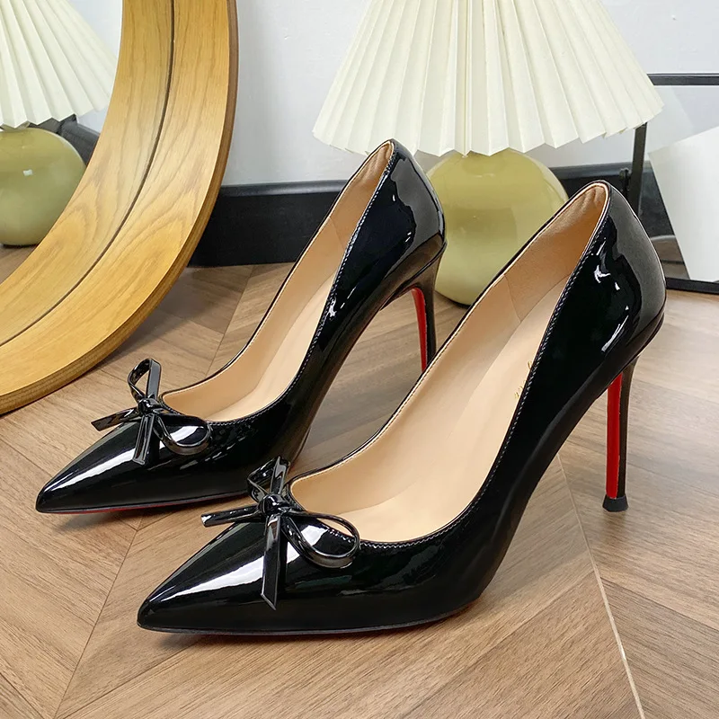 Bow Black High Heels for Women, 2026 New French Elegance, Stunning Patent Leather Pointed Toe Stiletto Heel Shallow Flats