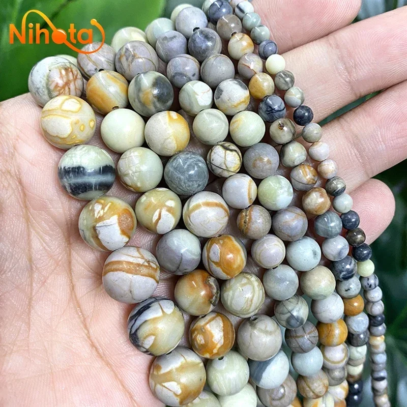 4/6/8/10/12mm Smooth Yellow Picasso Jaspers Round Spacer Beads DIY Bracelet Accessories for Natural Jewelry Making 15'' Strand