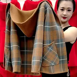 Cappotto di lana corto a doppia faccia finto della madre autunno inverno donne di mezza età Cardigan lavorato a maglia scozzese giacca con cerniera cappotti