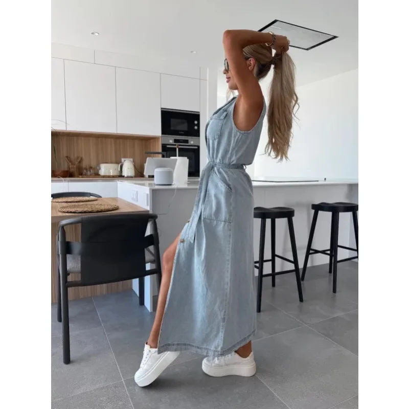 Robe longue en Denim pour femmes, Vintage, Corset, avec poche, élégante, Y2K, sans manches, col rabattu, ceinture à boutons, style Boho, balançoire