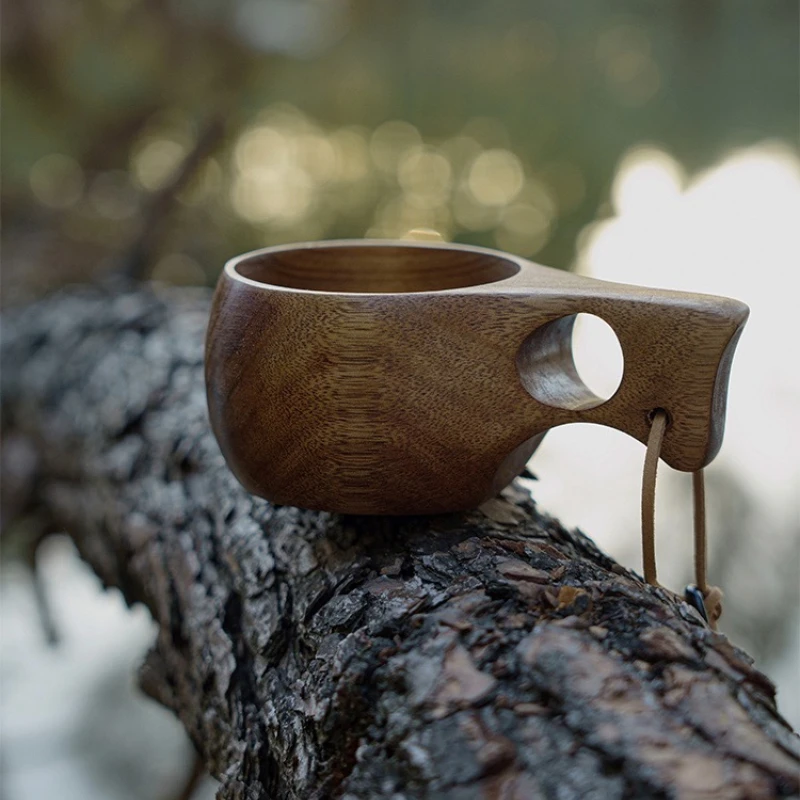 Wooden Finnish Cup Camping Outdoor Wooden Cup Acacia Wood Handle Handy Cup Pure Handmade Creative Milk Coffee Cups