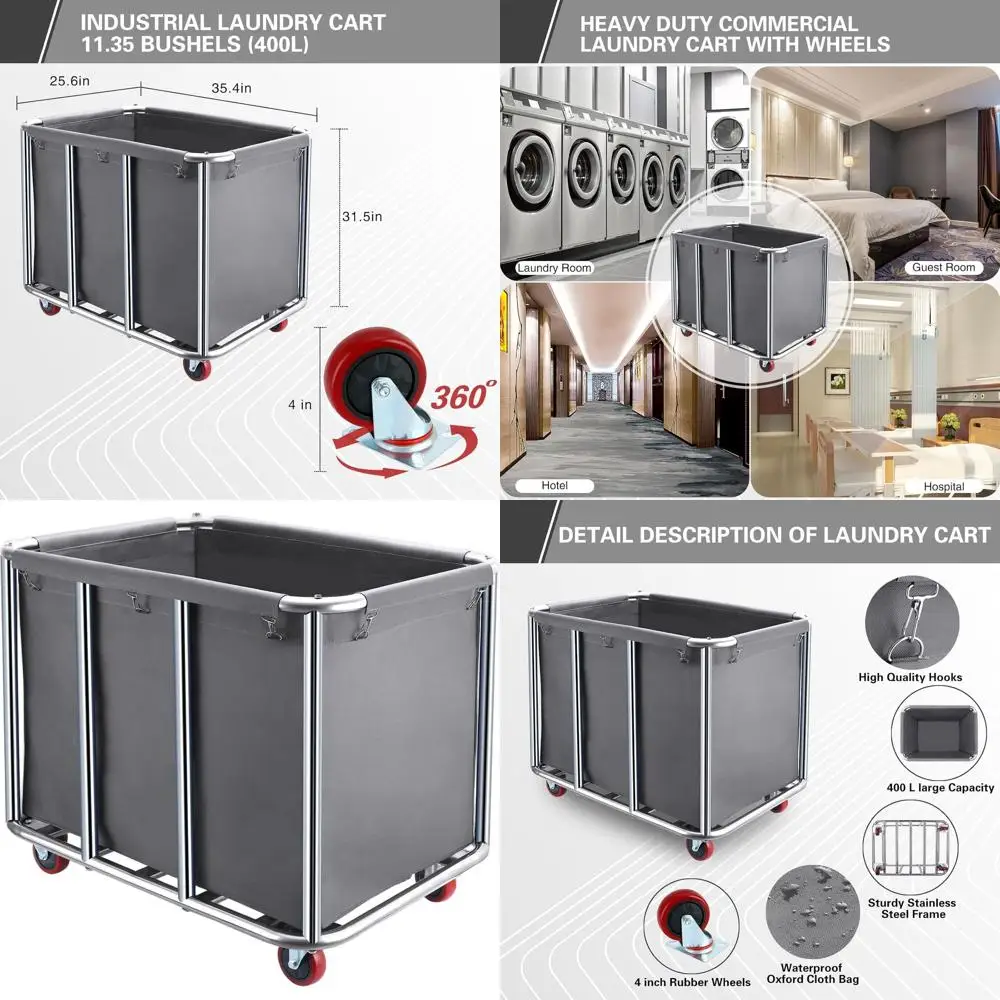 

Большая промышленная тележка для стирки на колесах объемом 400 л, прочный стальной каркас с сумкой-оксфордом для домашнего использования, гостиницы, больниц (440 фунтов.