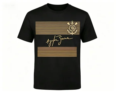 2026 new Black Crew Neck T‑shirt Golden Stripe Anchor Badge Handwritten Cursive Graphic Unisex Cotton Short Sleeve Tee